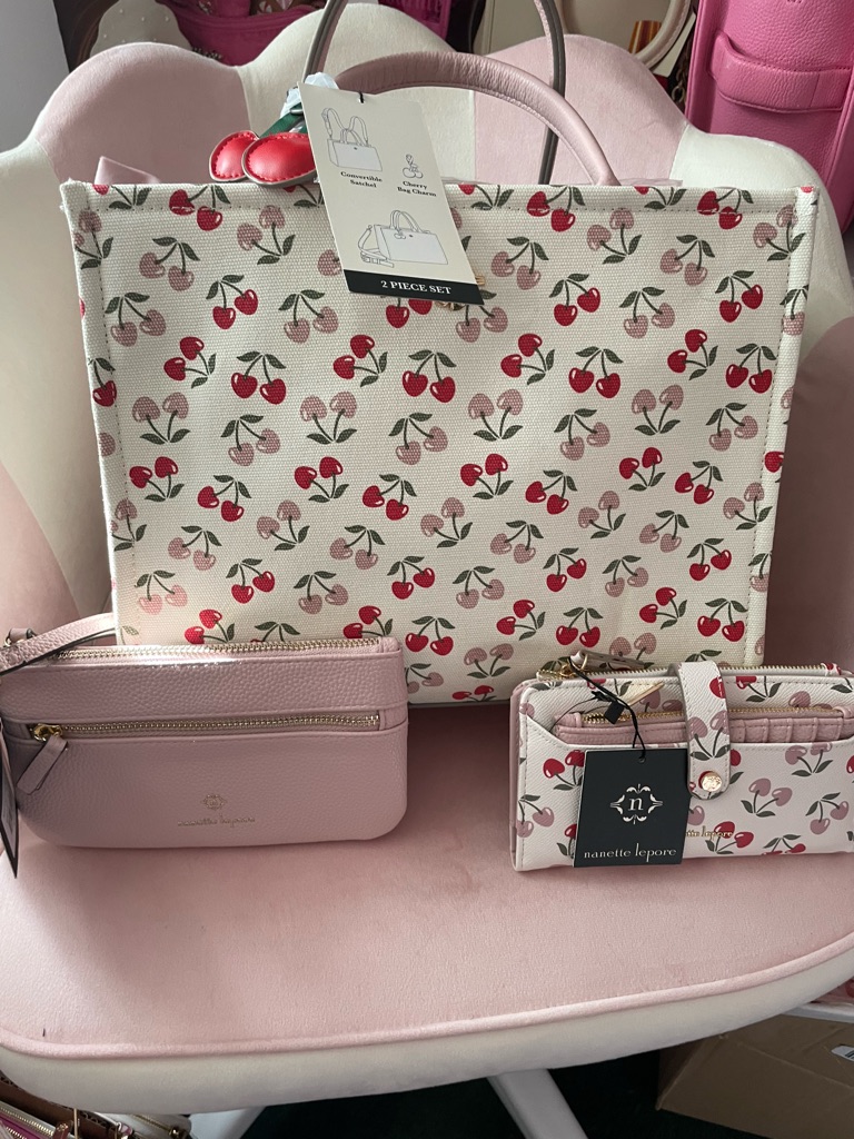 Nanette Lepore Pink And Red Cherry Print Tote With Blush Accessories